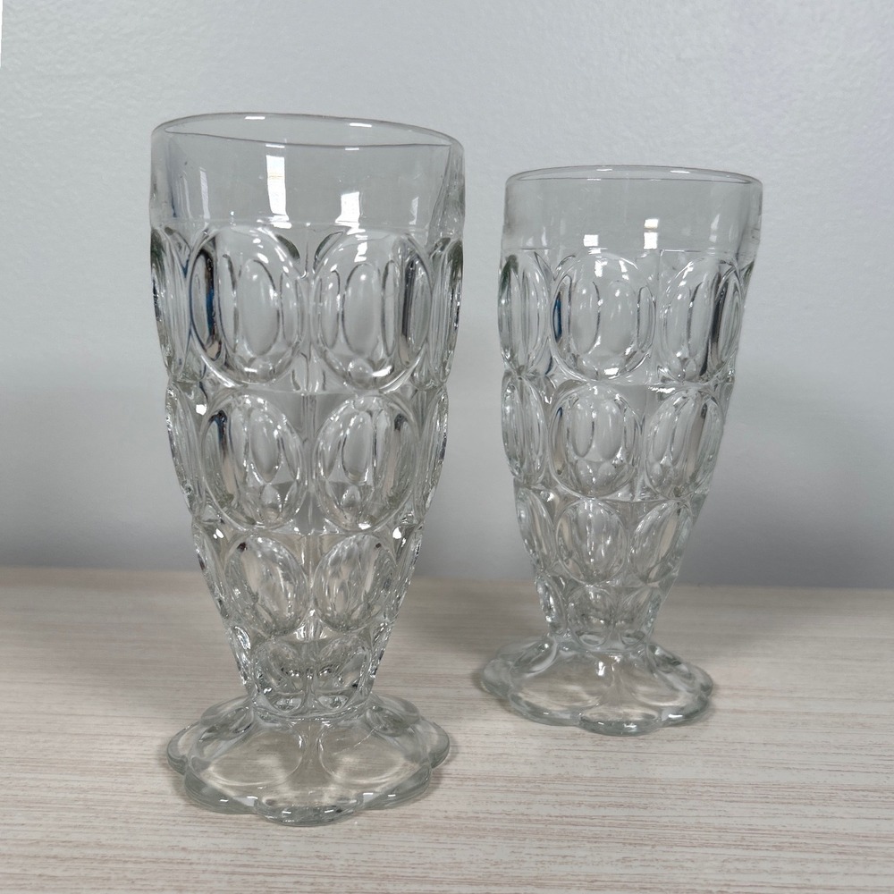 Jeannette Glass Clear Thumbprint Footed Tumblers Scalloped Retro MCM TWO 6"